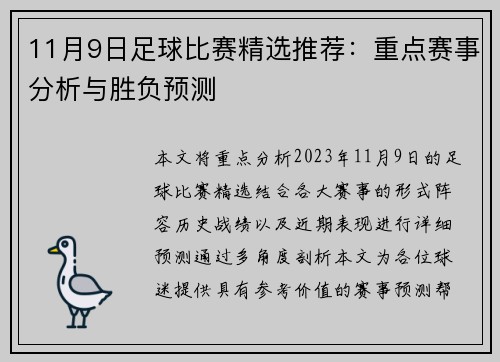 11月9日足球比赛精选推荐：重点赛事分析与胜负预测