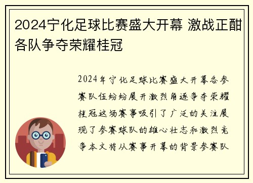 2024宁化足球比赛盛大开幕 激战正酣各队争夺荣耀桂冠