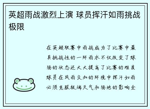 英超雨战激烈上演 球员挥汗如雨挑战极限