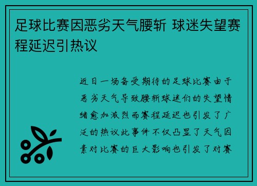 足球比赛因恶劣天气腰斩 球迷失望赛程延迟引热议