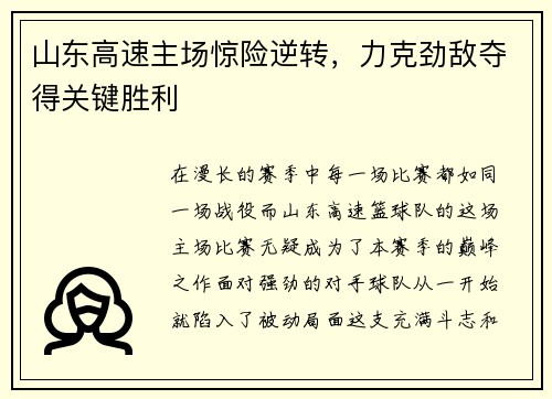 山东高速主场惊险逆转，力克劲敌夺得关键胜利