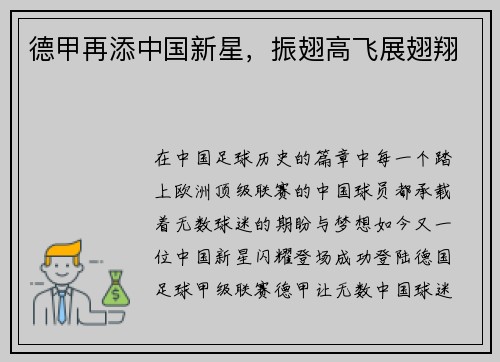德甲再添中国新星，振翅高飞展翅翔