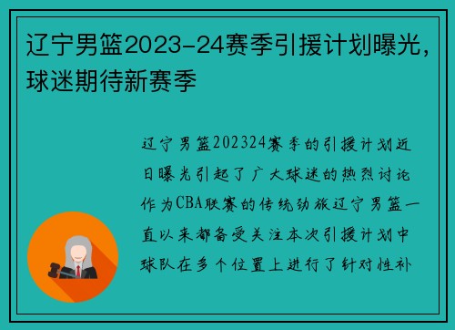 辽宁男篮2023-24赛季引援计划曝光，球迷期待新赛季