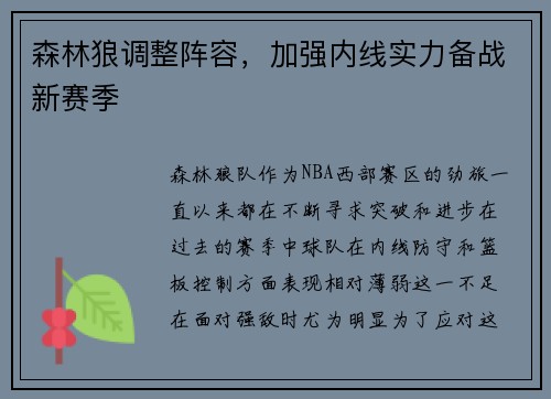 森林狼调整阵容，加强内线实力备战新赛季