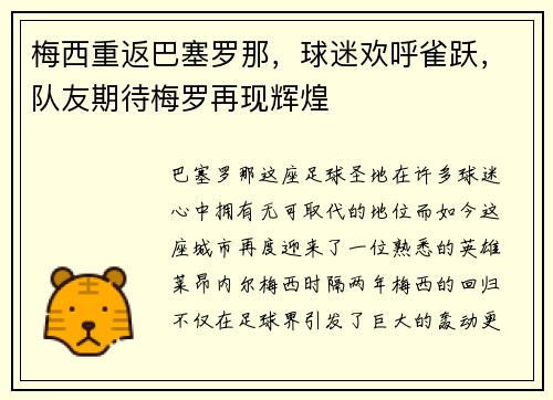 梅西重返巴塞罗那，球迷欢呼雀跃，队友期待梅罗再现辉煌