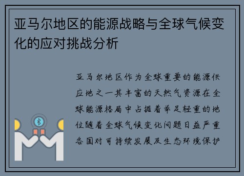 亚马尔地区的能源战略与全球气候变化的应对挑战分析