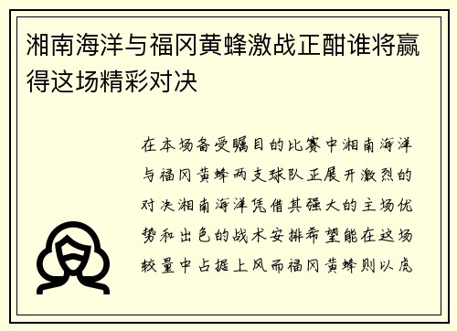湘南海洋与福冈黄蜂激战正酣谁将赢得这场精彩对决