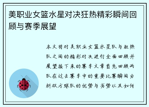 美职业女篮水星对决狂热精彩瞬间回顾与赛季展望
