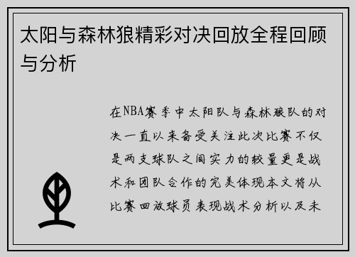 太阳与森林狼精彩对决回放全程回顾与分析