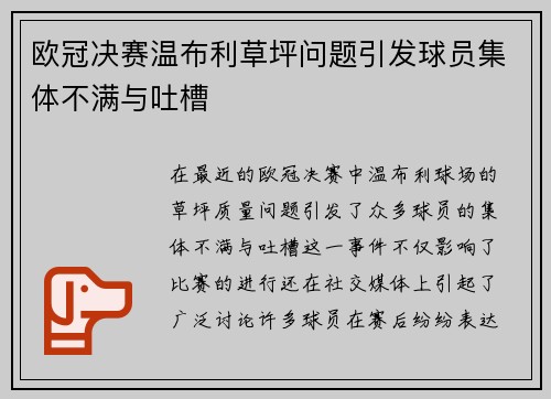 欧冠决赛温布利草坪问题引发球员集体不满与吐槽