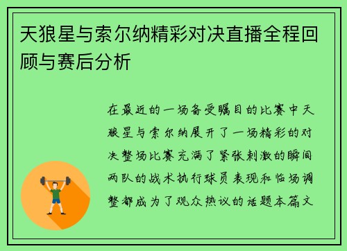 天狼星与索尔纳精彩对决直播全程回顾与赛后分析
