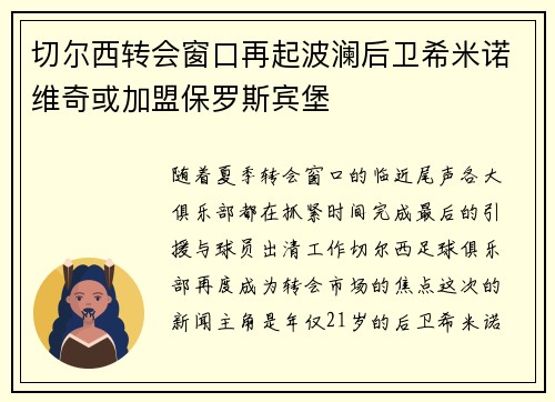 切尔西转会窗口再起波澜后卫希米诺维奇或加盟保罗斯宾堡