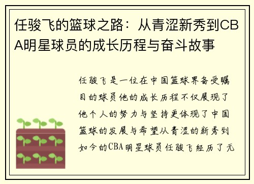 任骏飞的篮球之路：从青涩新秀到CBA明星球员的成长历程与奋斗故事