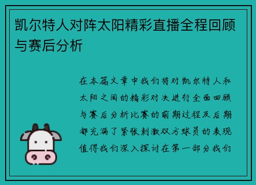 凯尔特人对阵太阳精彩直播全程回顾与赛后分析