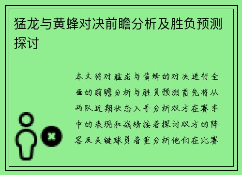 猛龙与黄蜂对决前瞻分析及胜负预测探讨