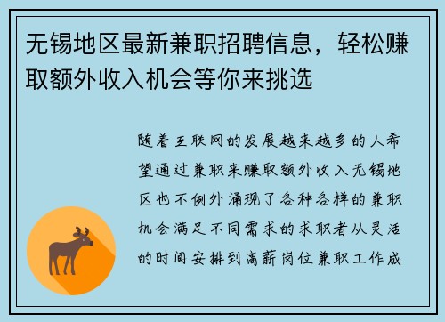 无锡地区最新兼职招聘信息，轻松赚取额外收入机会等你来挑选