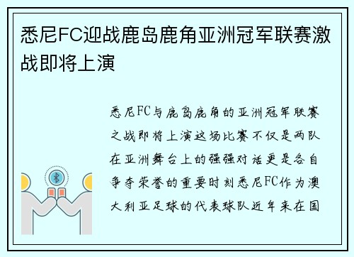 悉尼FC迎战鹿岛鹿角亚洲冠军联赛激战即将上演