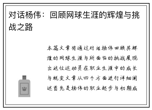 对话杨伟：回顾网球生涯的辉煌与挑战之路