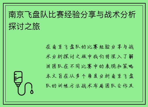 南京飞盘队比赛经验分享与战术分析探讨之旅